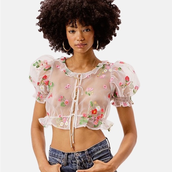 For Love and Lemons Jaclyn Strawberry Embroidered Tie Front Blouse XS - Picture 1 of 8